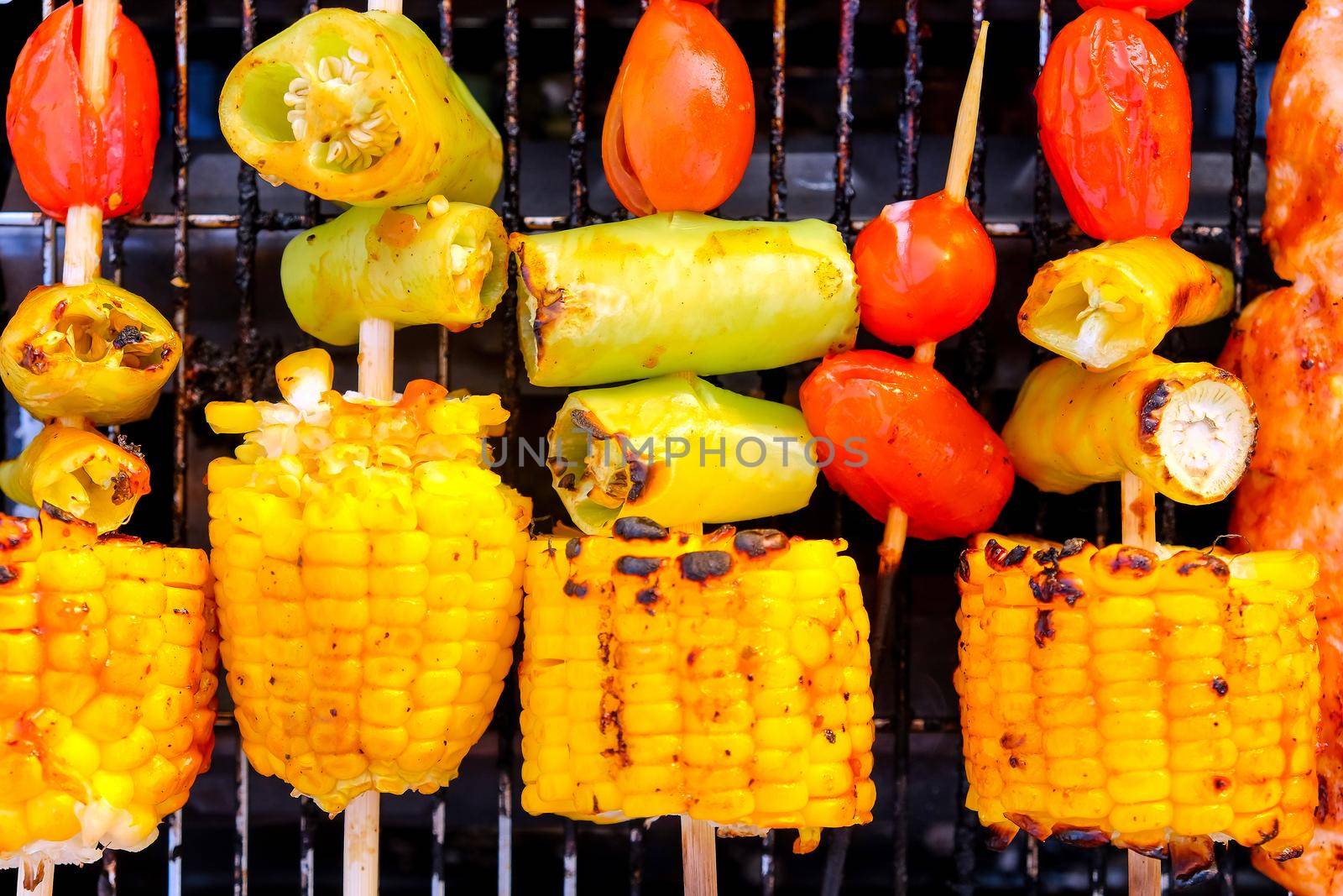 Closeup image of Grilled vegetable and chicken skewers on a hot barbecue