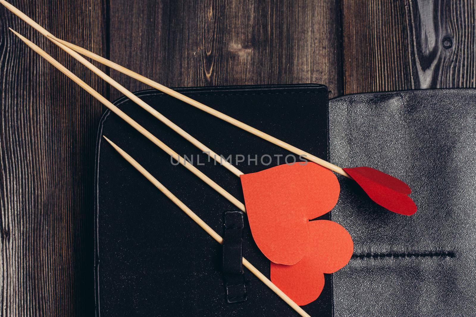 business card holder red heart on sticks ornament decoration desktop. High quality photo
