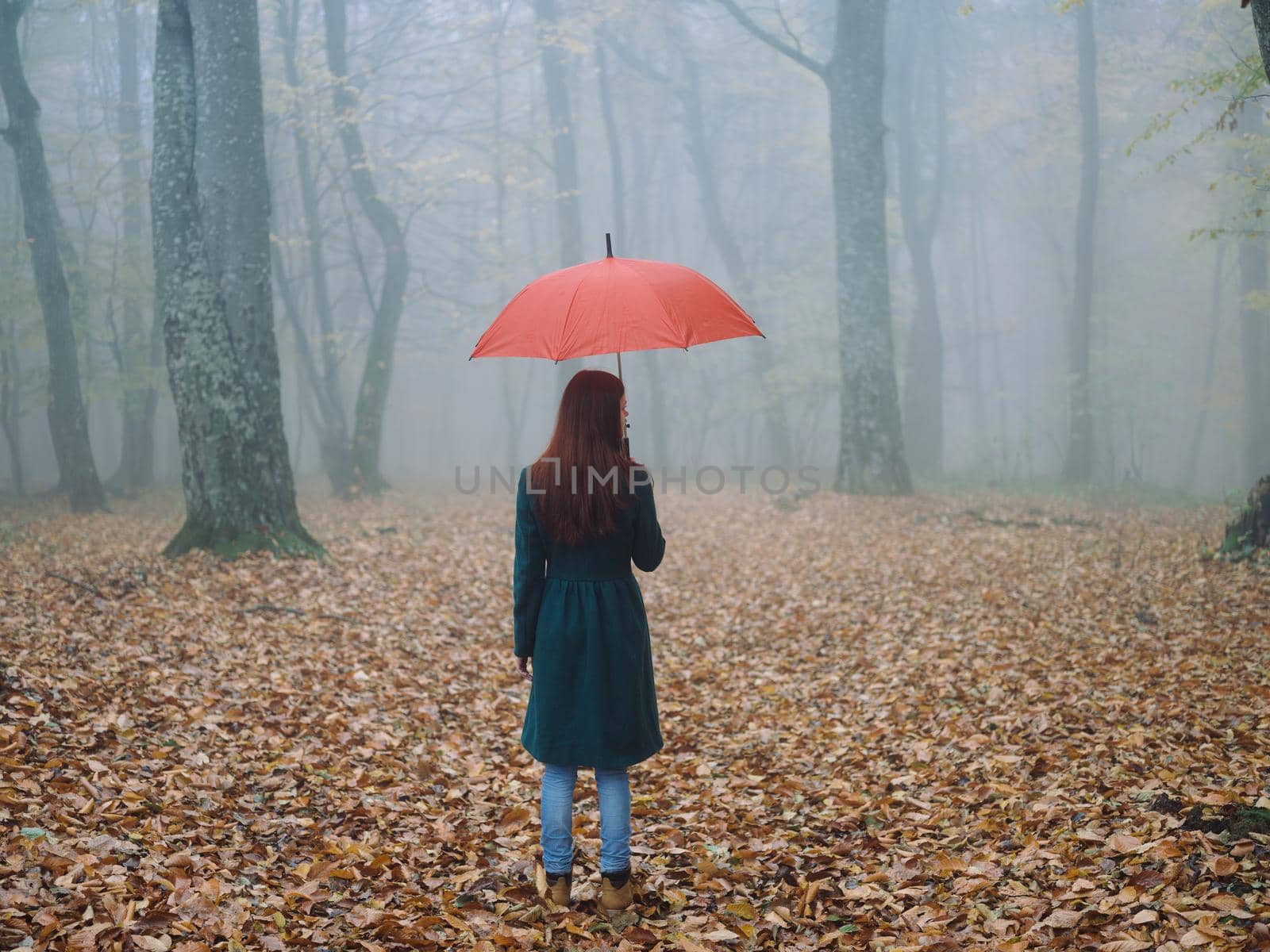 Woman with red umbrella in autumn fog yellow leaves fresh air by SHOTPRIME