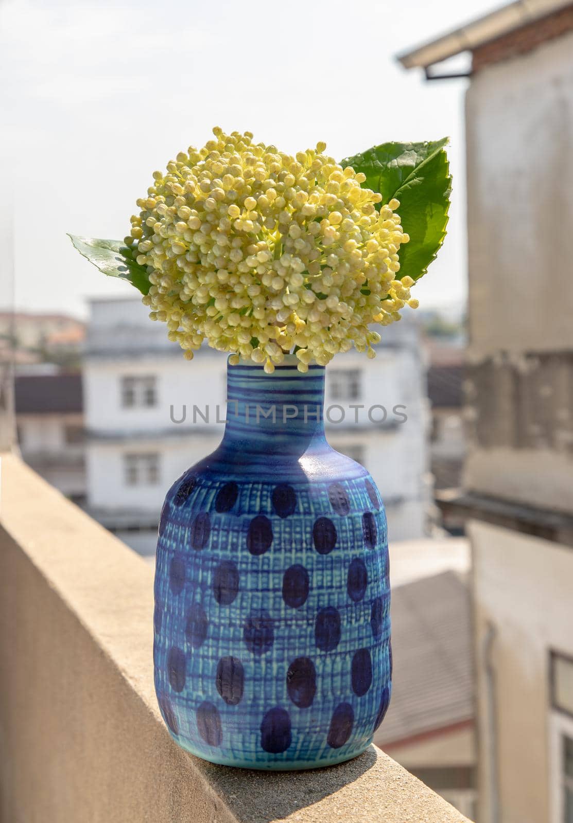 A bouquet of flowers in a blue ceramic vase on old cement wall at the balcony house. Home decor, select focus.