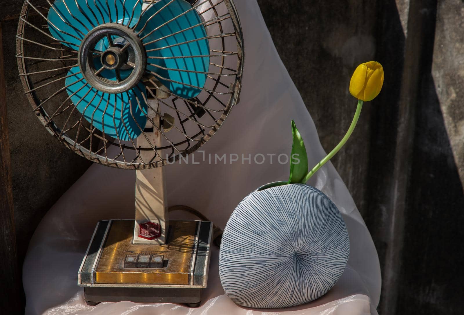 Yellow flower in Blue shell shape ceramic vase and old vintage fan on pink textured table cloth with old cement wall. Home decor, Selective focus.