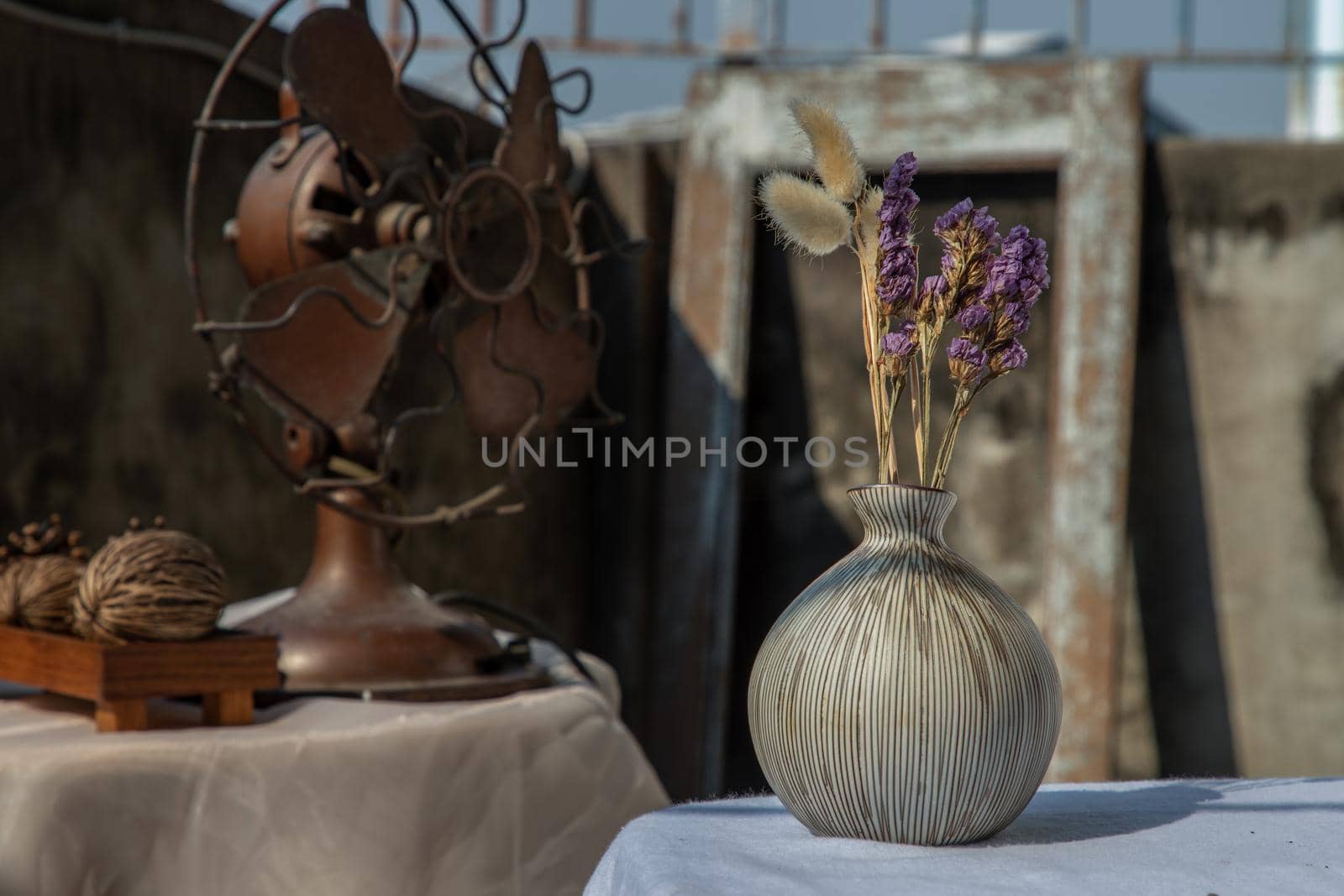 Dried flowers in Ceramic vase on white textured table cloth and vintage fan with Old cement wall. Home decor, Selective focus. textured table cloth and vintage fan with Old cement wall. Home decor, Selective focus.