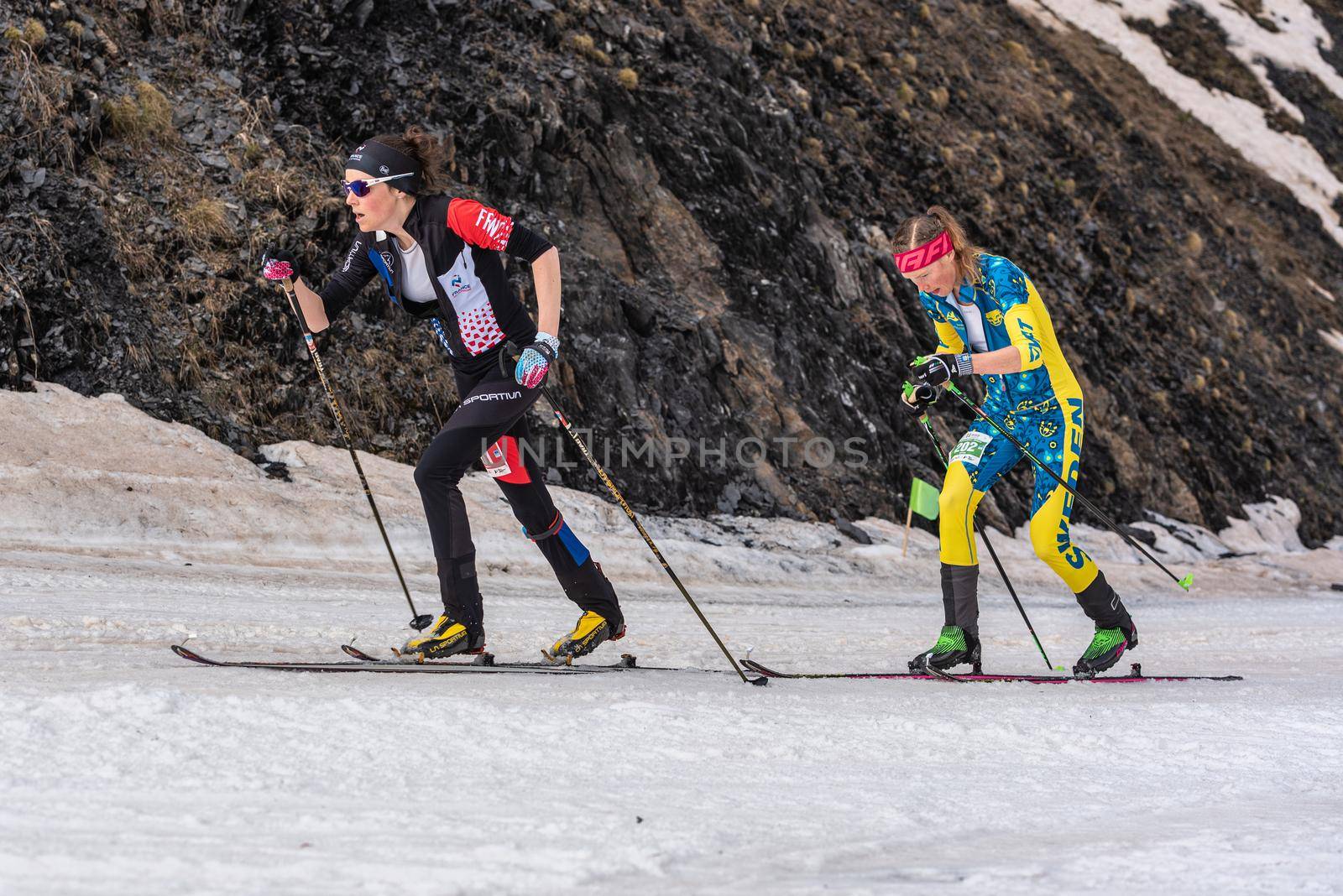 Arinsal, Andorra: 2021 March 4 : GACHET MOLLARET Axelle FRA and ALEXANDERSSON Tove SWE in the finish line ISMF WC Championships Comapedrosa Andorra 2021 Vertical Race.