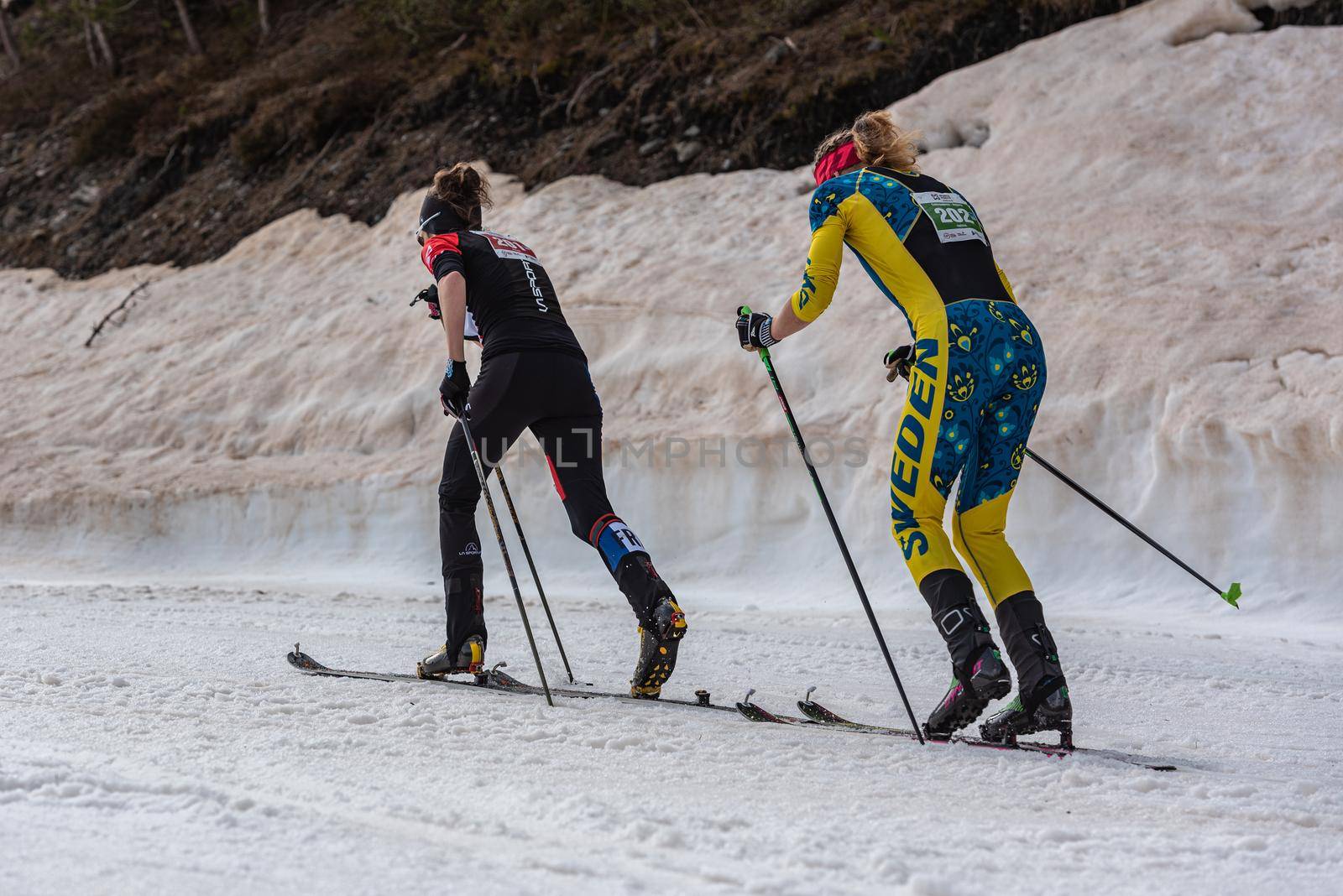 Arinsal, Andorra: 2021 March 4 : GACHET MOLLARET Axelle FRA and ALEXANDERSSON Tove SWE in the finish line ISMF WC Championships Comapedrosa Andorra 2021 Vertical Race.