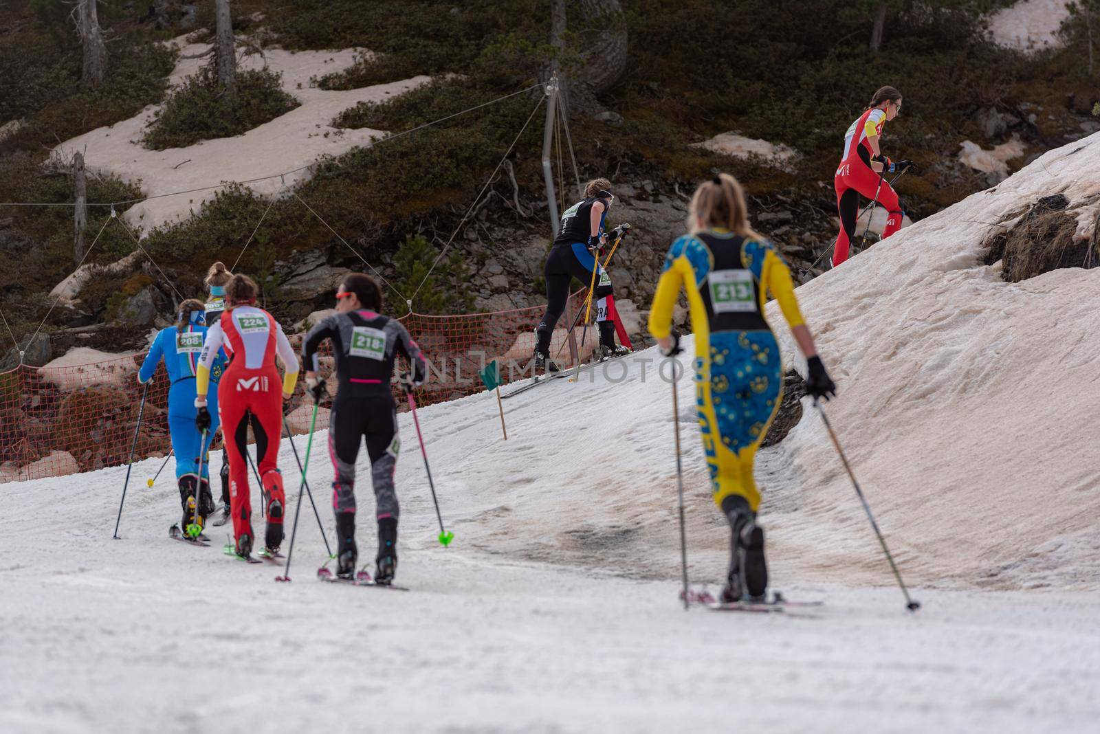 Arinsal, Andorra: 2021 March 4 : Skiers in the finish line ISMF WC Championships Comapedrosa Andorra 2021 Vertical Race.