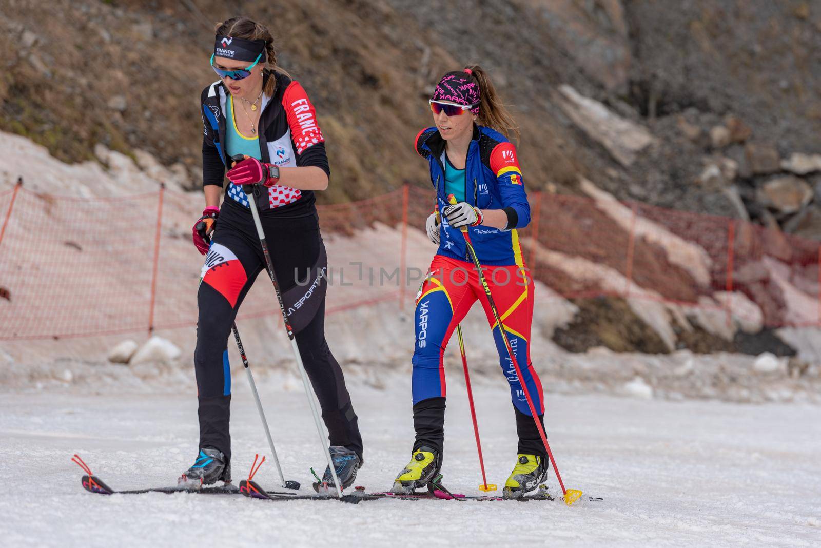 Arinsal, Andorra: 2021 March 4 : SEBASTIA BELLOBI Laia AND and POLLET VILLARD Marie FRA in the finish line ISMF WC Championships Comapedrosa Andorra 2021 Vertical Race.