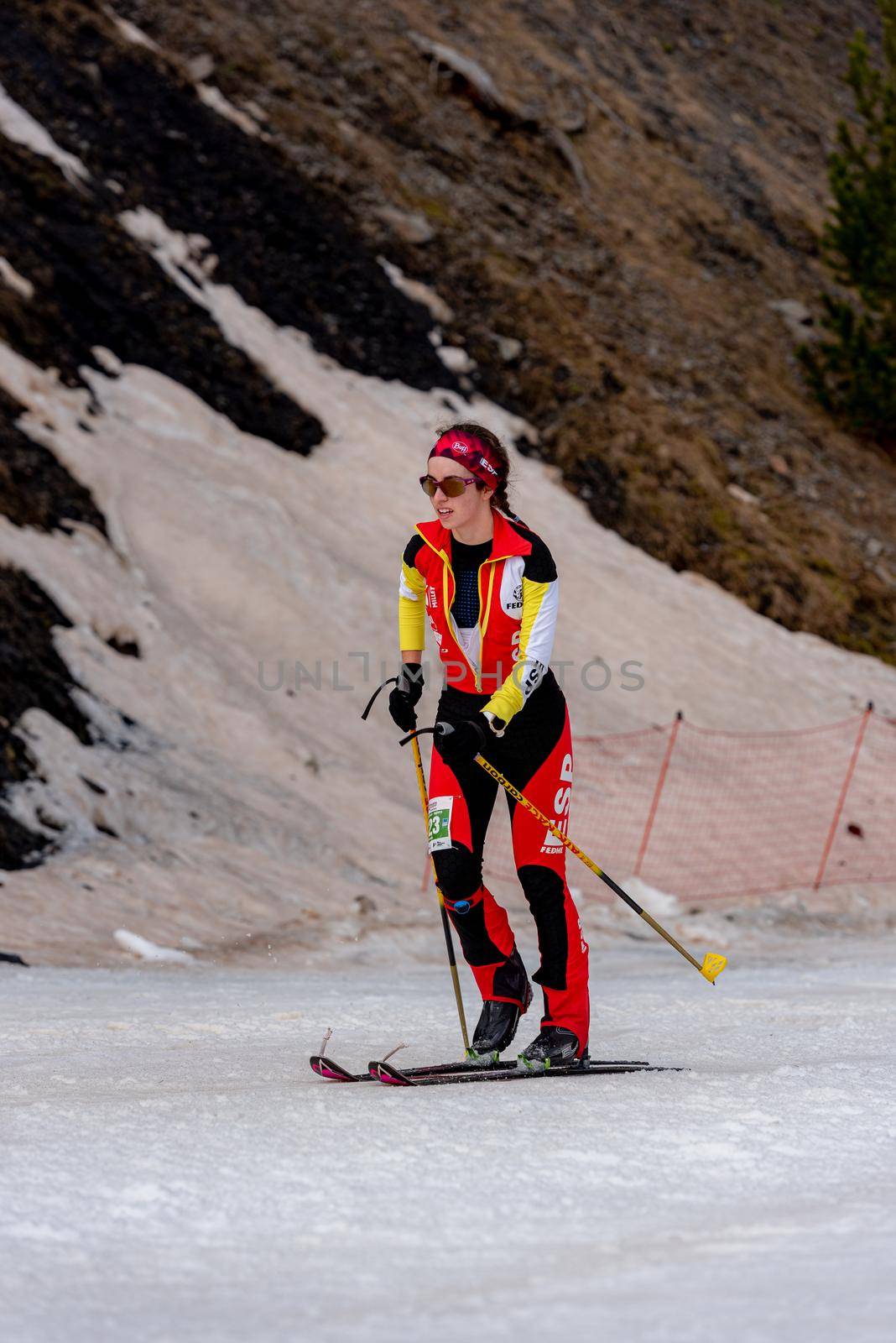 Arinsal, Andorra: 2021 March 4 : VALERO DE LA FLOR Claudia ESP in the finish line ISMF WC Championships Comapedrosa Andorra 2021 Vertical Race.