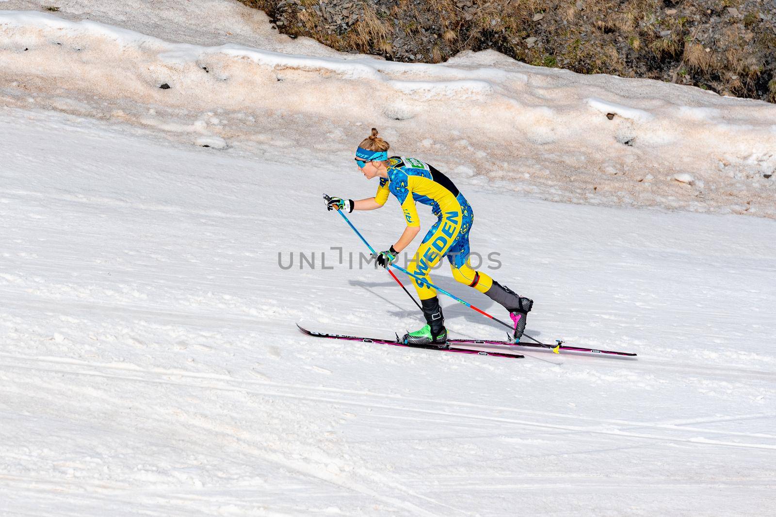 Arinsal, Andorra: 2021 March 4 : BORGSTRöM Fanny SWE in the finish line ISMF WC Championships Comapedrosa Andorra 2021 Vertical Race.