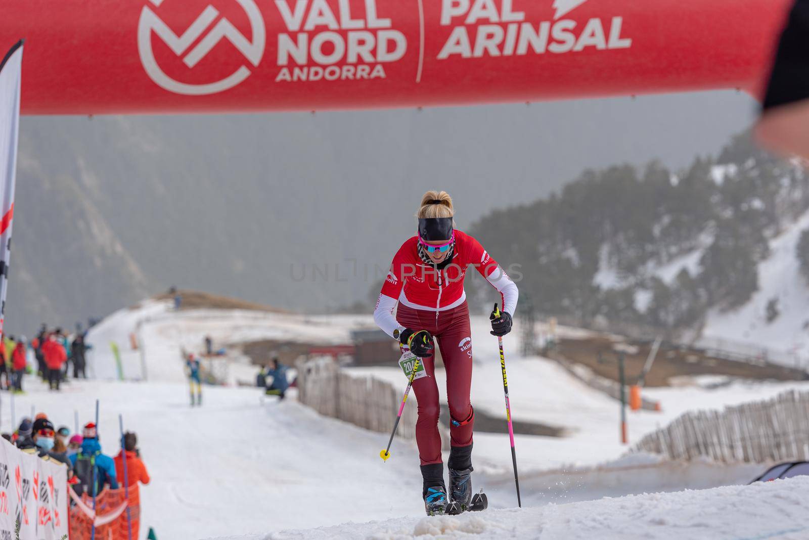 Arinsal, Andorra: 2021 March 4 :  KREUZER Victoria SUI in the finish line ISMF WC Championships Comapedrosa Andorra 2021 Vertical Race.