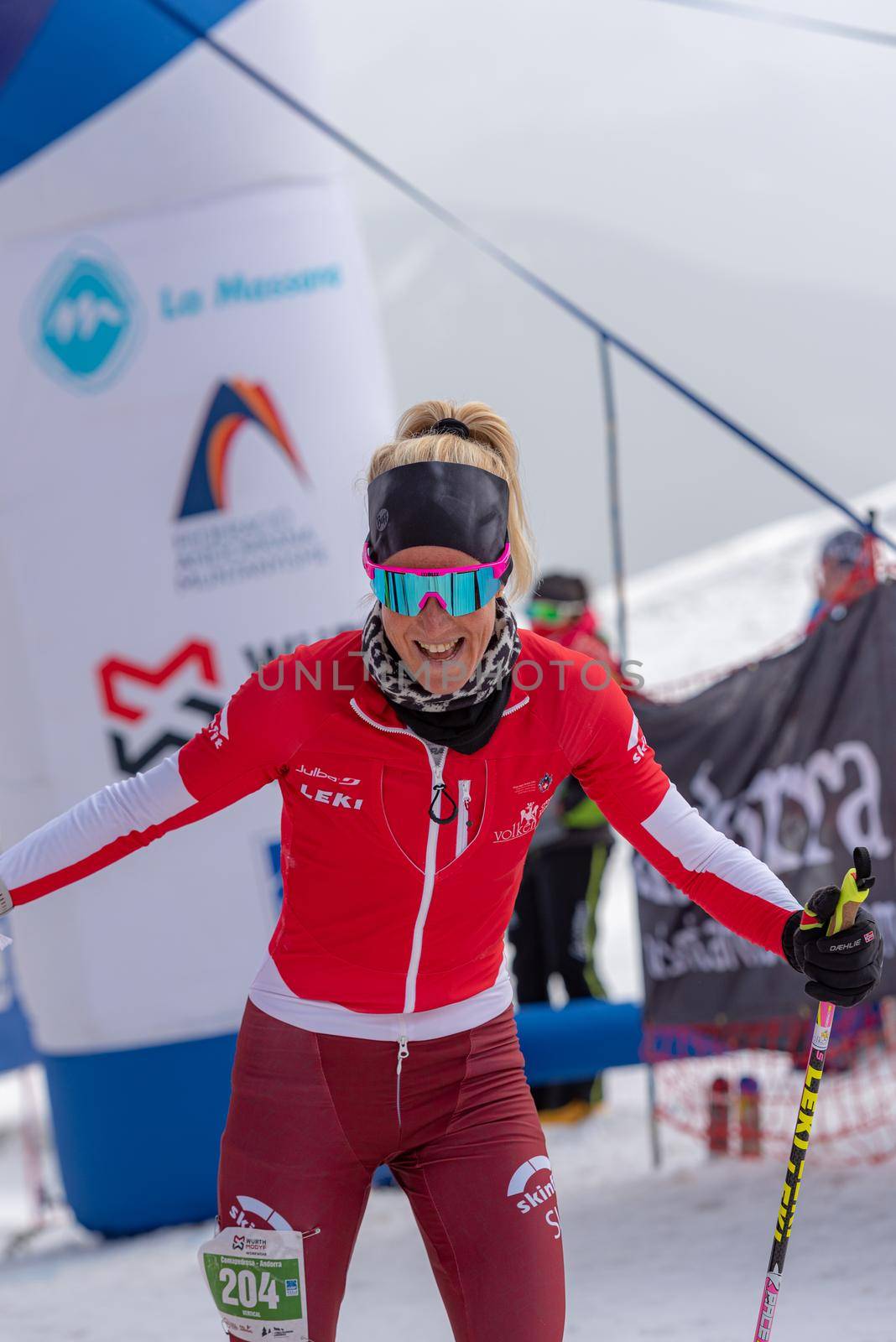 Arinsal, Andorra: 2021 March 4 :  KREUZER Victoria SUI in the finish line ISMF WC Championships Comapedrosa Andorra 2021 Vertical Race.