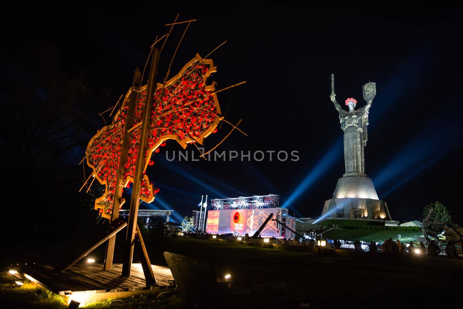 KIEV, UKRAINE - May. 08, 2015: Memorial and art event "The first minute of the world" on the occasion of the Day of Remembrance and Reconciliation devoted to Great Patriotic War of 1941-1945 at night