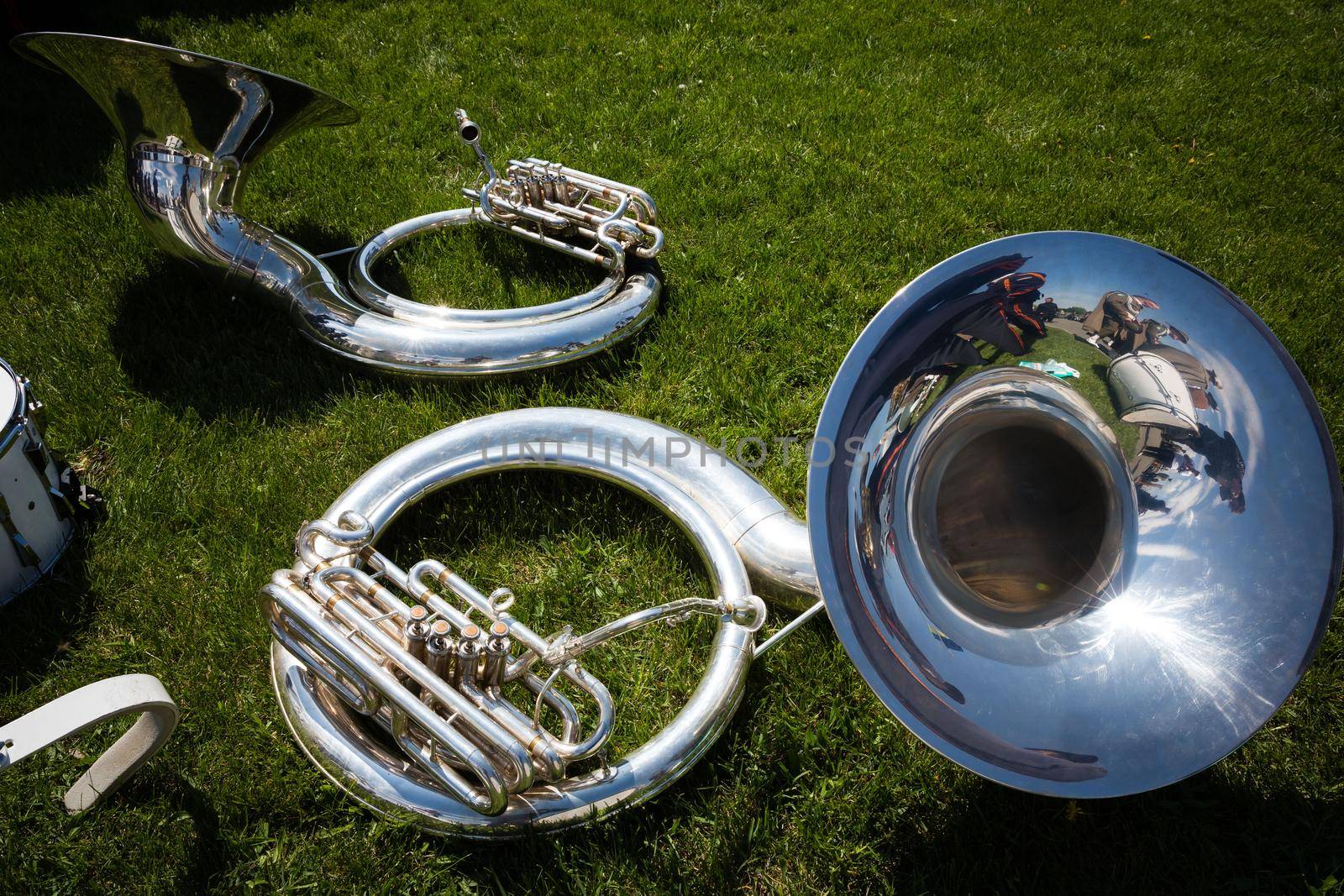 
KIEV, UKRAINE - May. 09, 2015: Musical instruments during the march of military bands on the day of the 70th anniversary of the victory over Nazism in Kiev