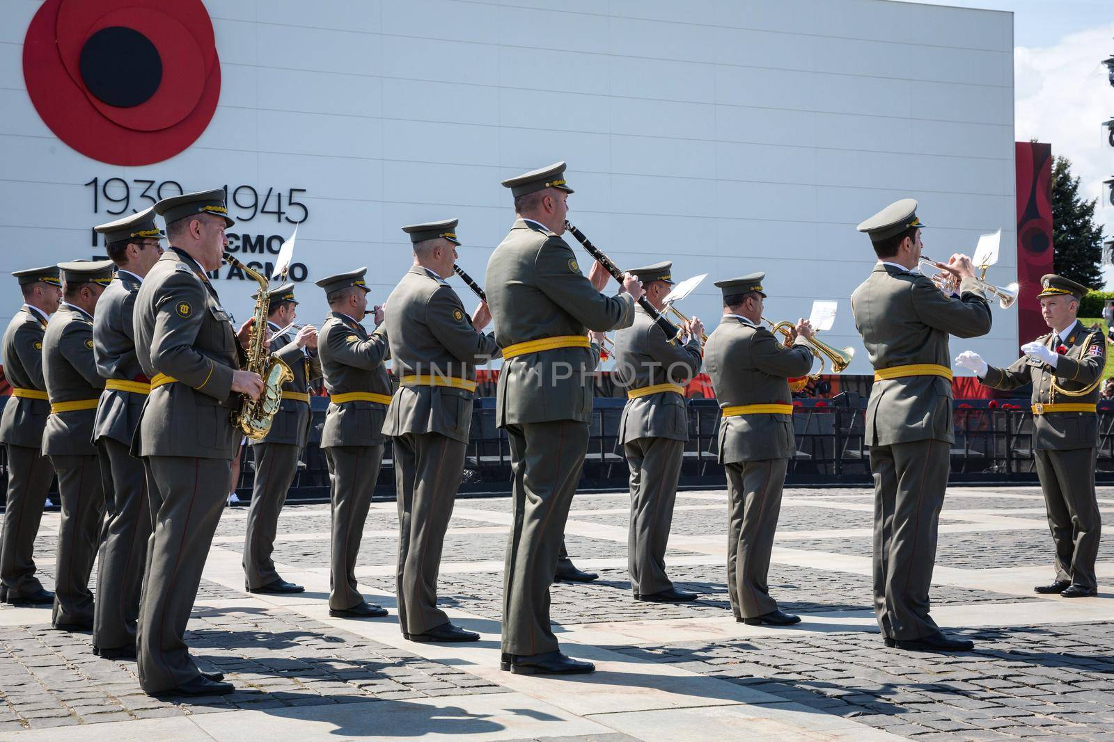 KIEV, UKRAINE - May. 09, 2015: Military bands march on the day of the 70th anniversary of the victory over Nazism in Kiev
