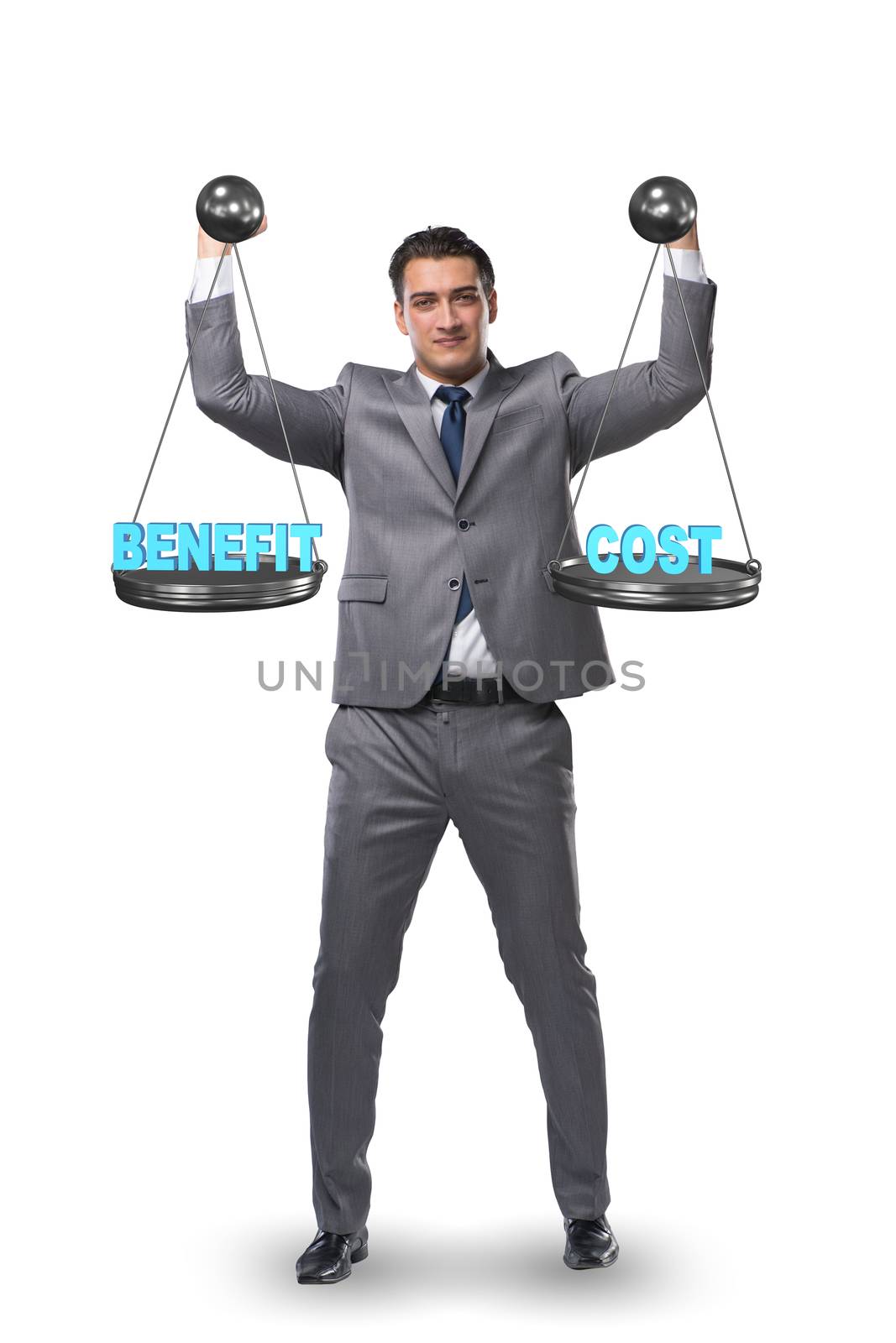 Businessman in cost benefit balance concept