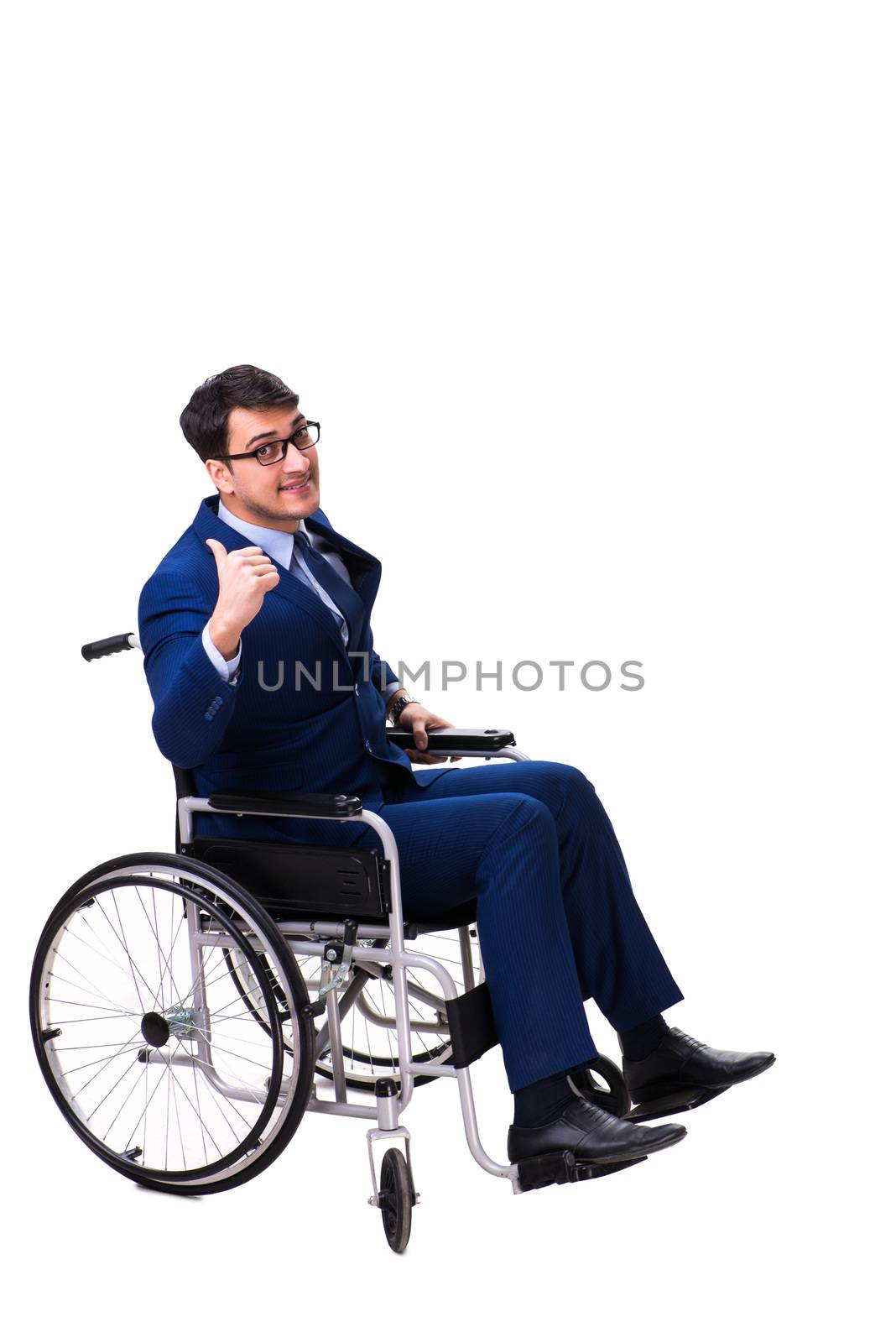 Businessman with wheelchair isolated on white background