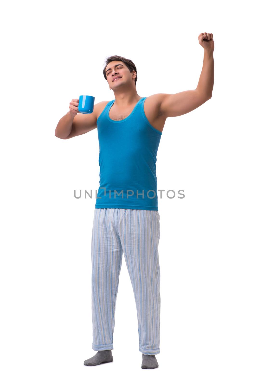 Man waking up with alarm clock isolated on white