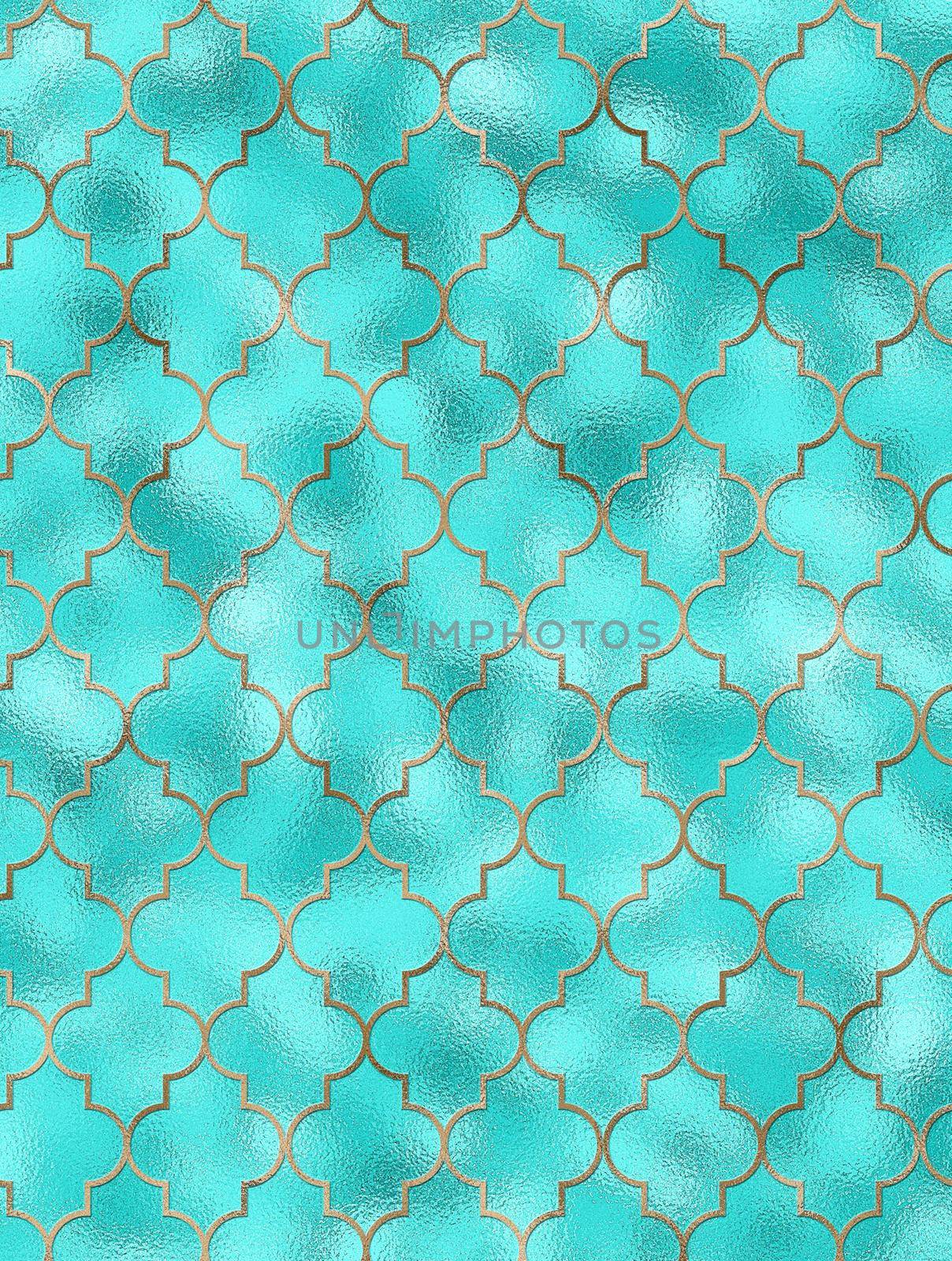 Moroccan seamless pattern with gold line over turquoise blues. Turkish Islam, Arabic, Indian, ottoman design, geometrical oriental texture. Print for textile, wallpaper, wrapping. 3D illustration
