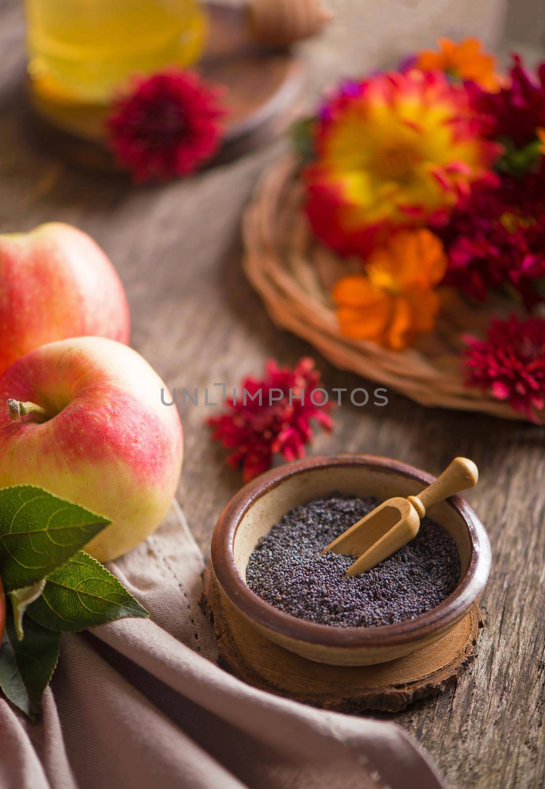 Apple and honey, traditional food. Selective focus. Copyspace background