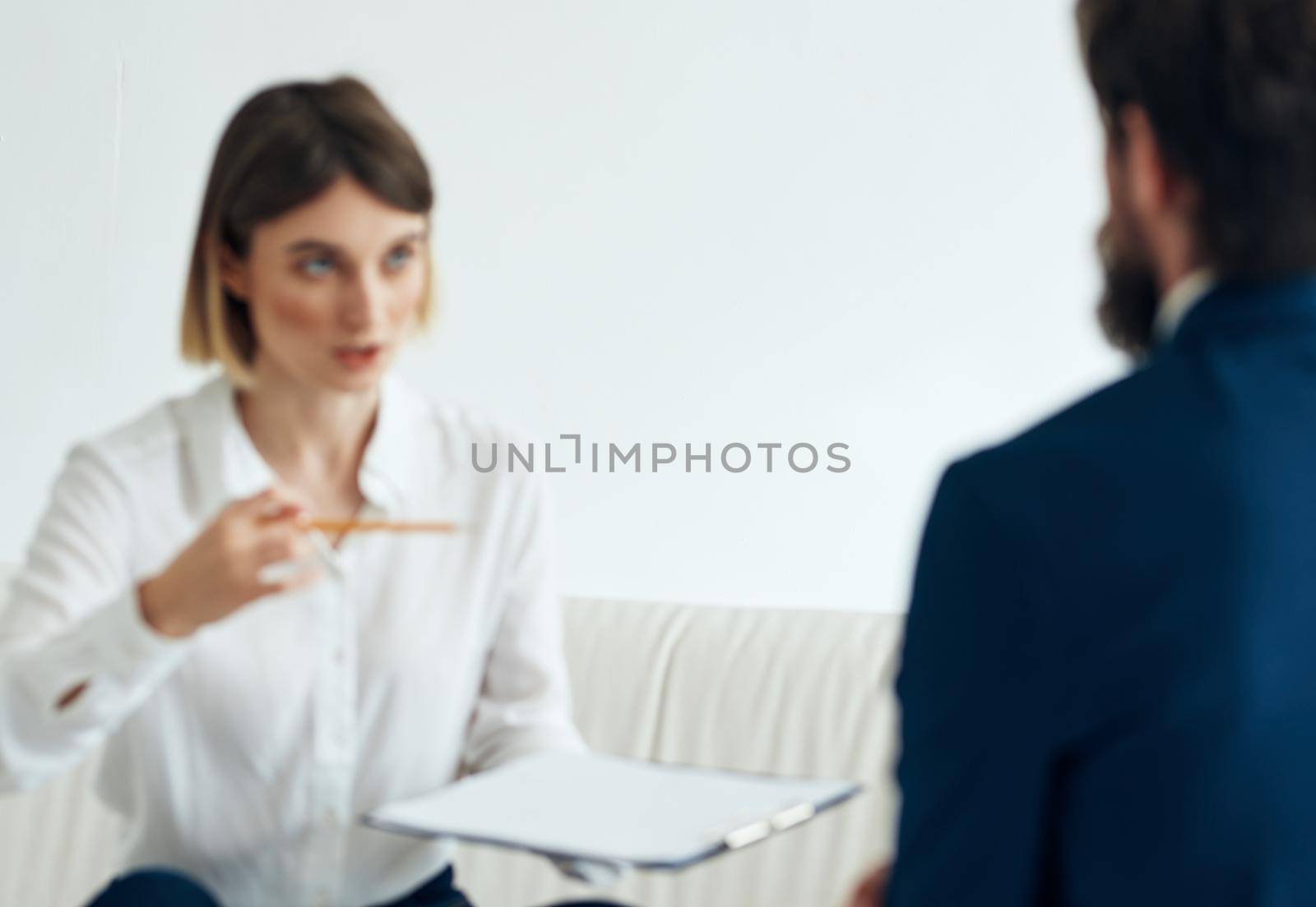 resume woman and man suit documents communication people jobs. High quality photo