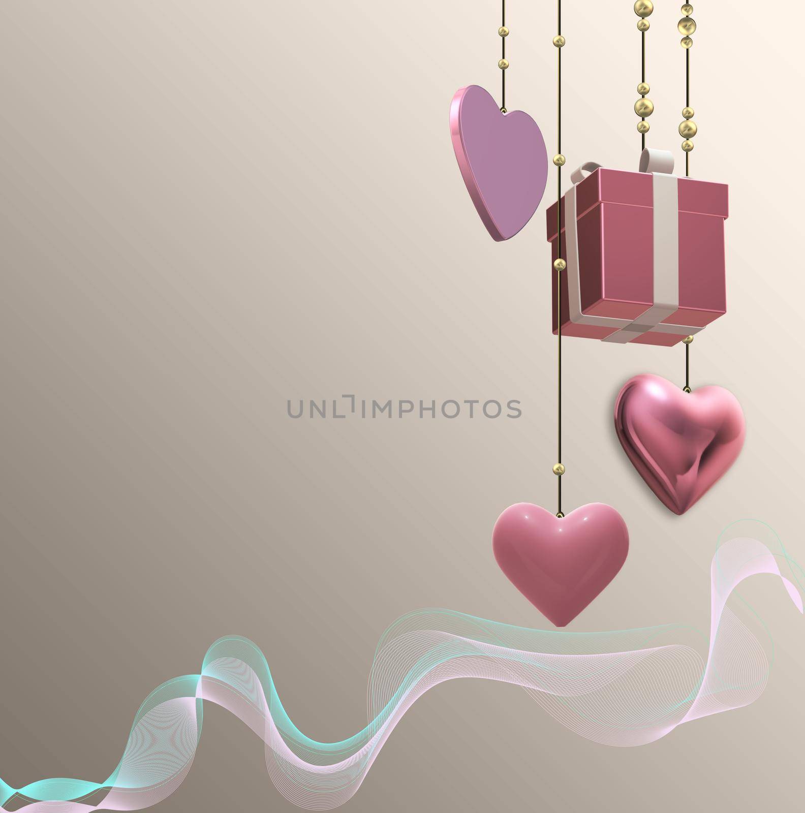 Gift box, pink hearts for romantic love celebration. Hanging 3D gift present box, pink hearts, wavy ribbon over pastel gold. Mothers day, 8th March, spring, Valentines, wedding, birthday. 3D rendering