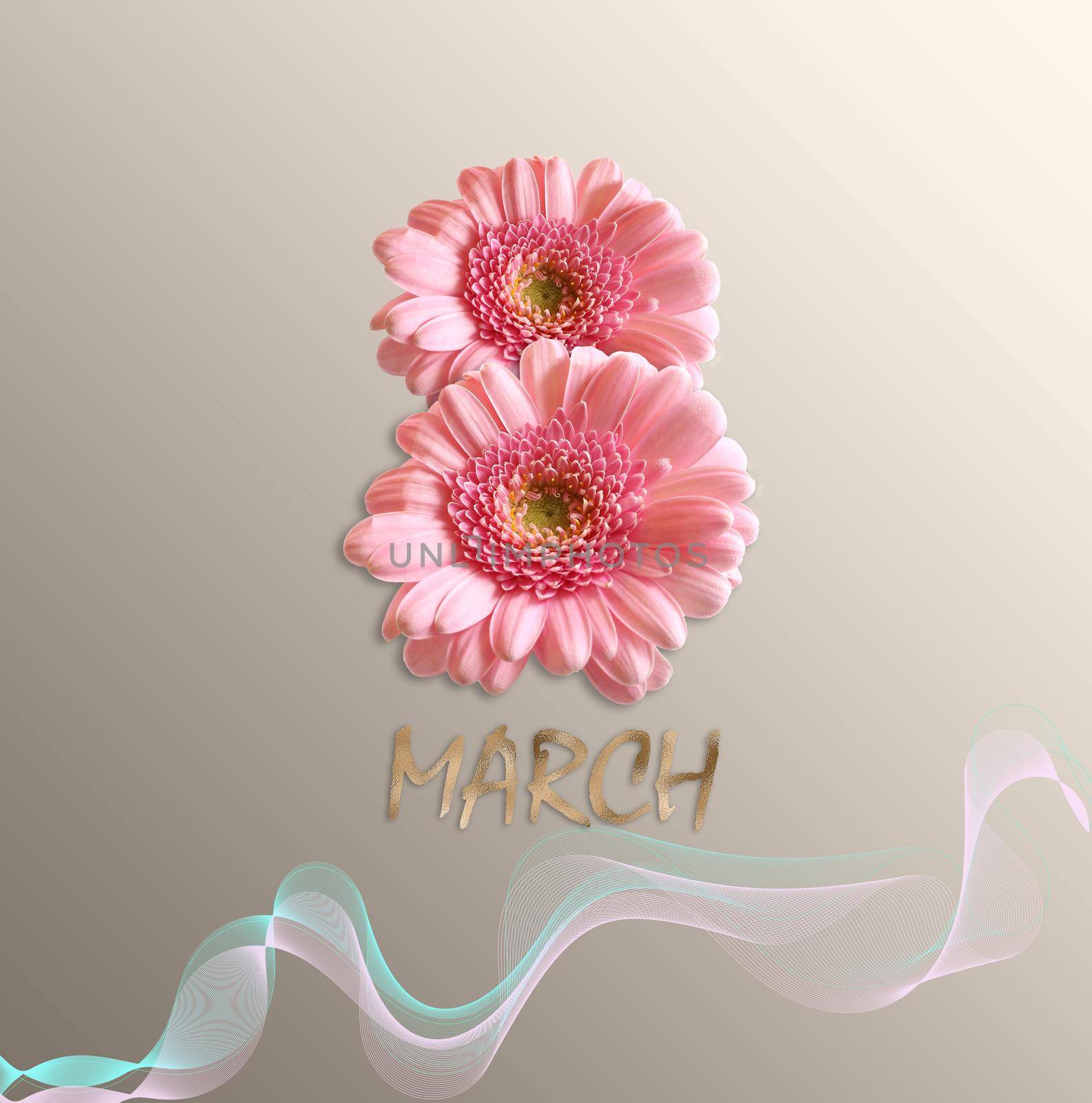 8th March, Women's day design of pink flowers gerbera. Gold text March on pastel gold background