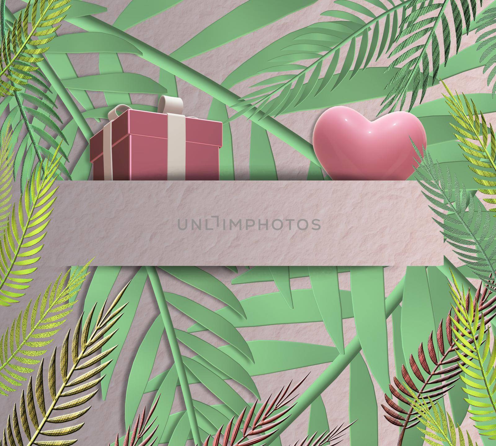 Gift box, pink heart on green tropical leaves background. Romantic love celebration. Hanging 3D gift present box, pink heart in paper strip. Mothers day, 8th March, Valentines, birthday, 3D render