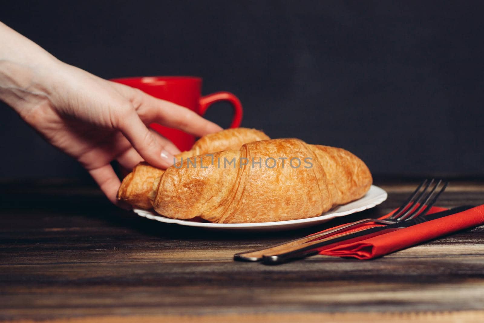 fresh croissants serving table breakfast dessert coffee. High quality photo