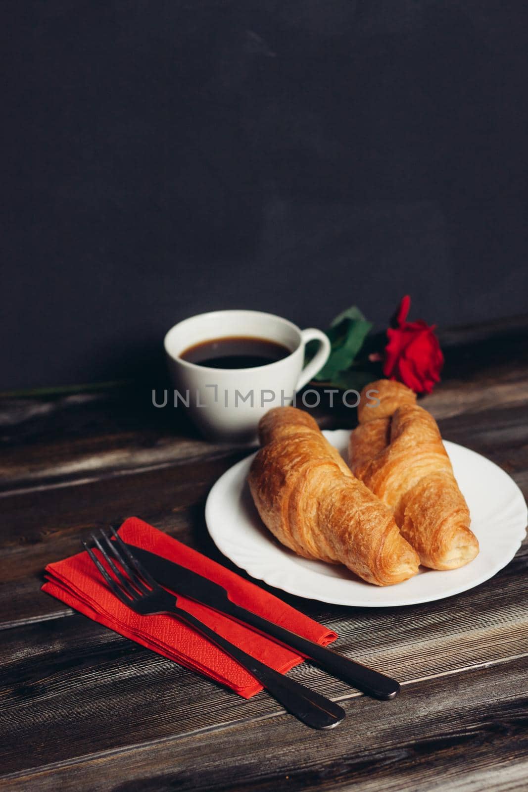 fresh croissants serving table breakfast dessert coffee. High quality photo