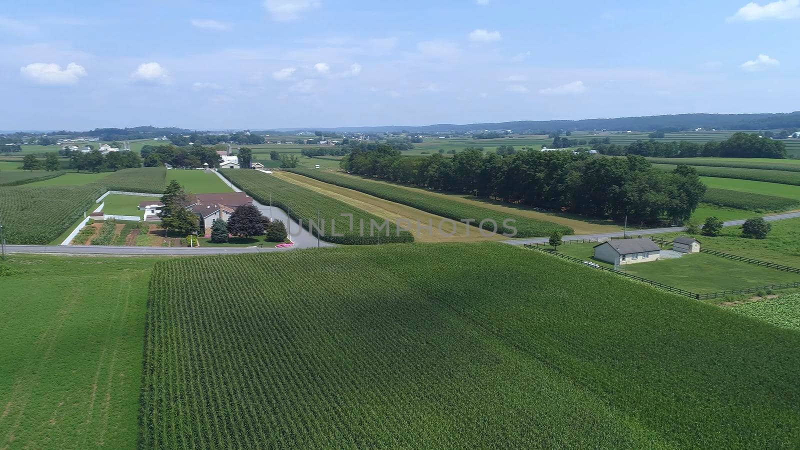 Aerial View of Green Farmlands With Different Crops Growing in the Fields on a Sunny Day