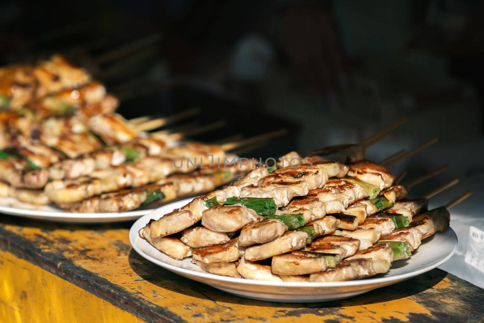 Chicken sticks at Nishiki market in Kyoto, Japan