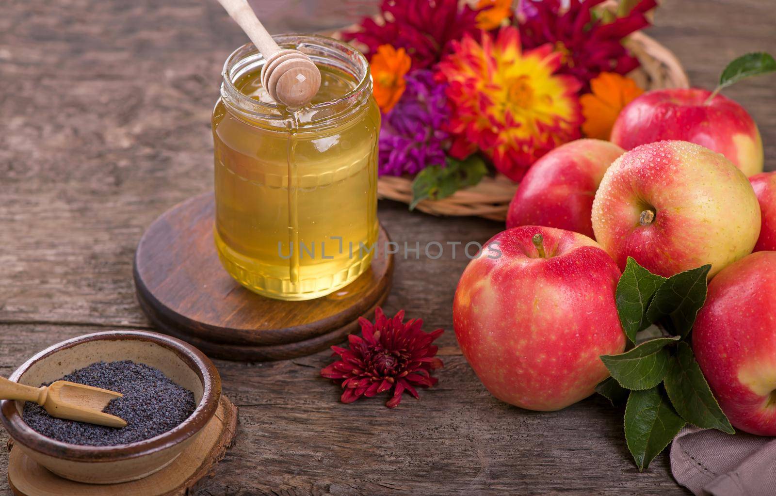 Apple and honey, traditional food. Selective focus. Copyspace background