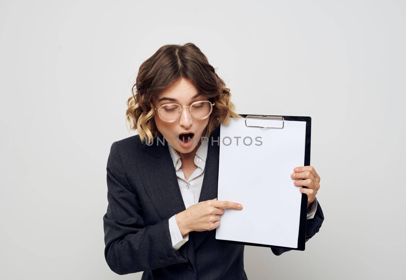 Business woman in classic suit blank paper documents mock up. High quality photo
