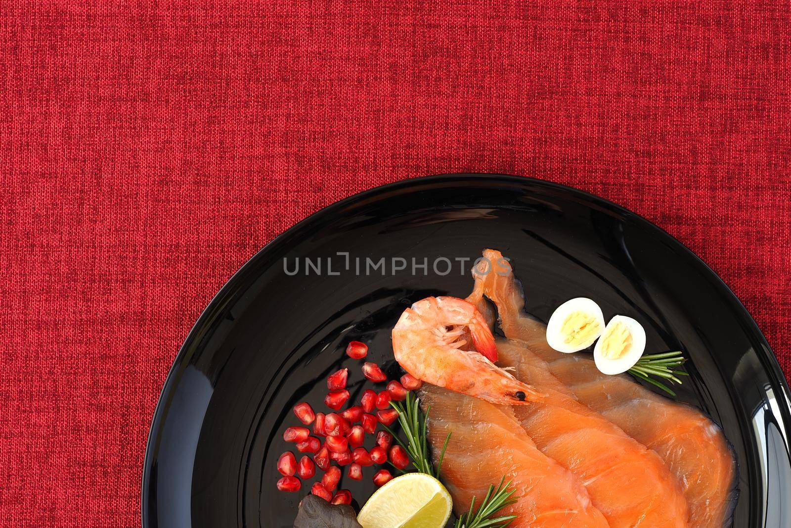 Red fish. Seafood dish, salted salmon and shrimp. Fled lei. by Olga26