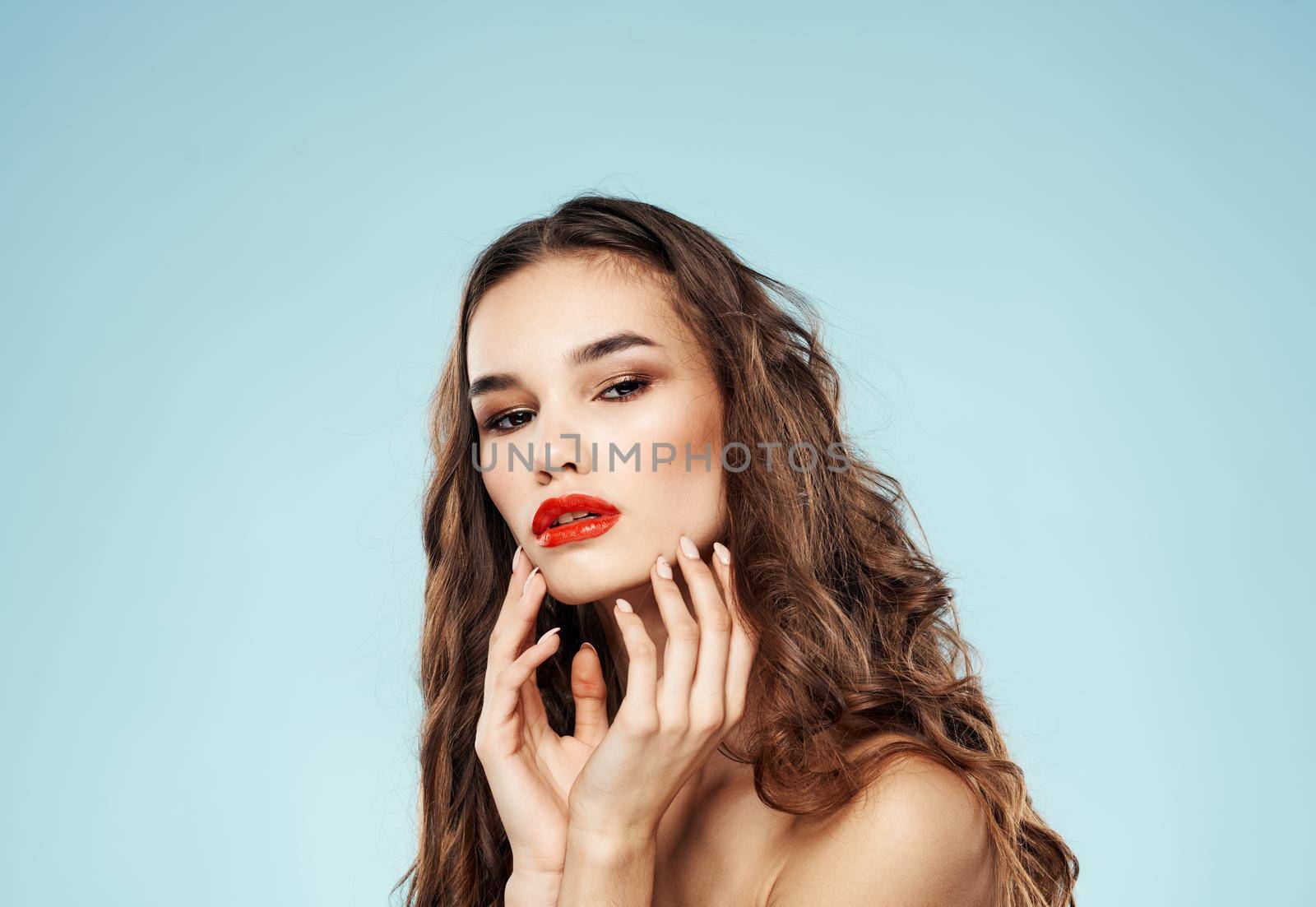 Beautiful brunette red lips bared shoulders sexy woman model by SHOTPRIME