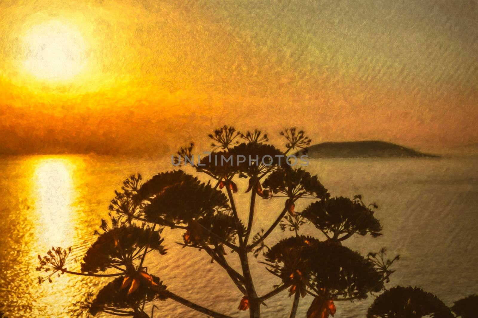 Plant silhouette with scenic sunset at sea. Greece. Digital paint.