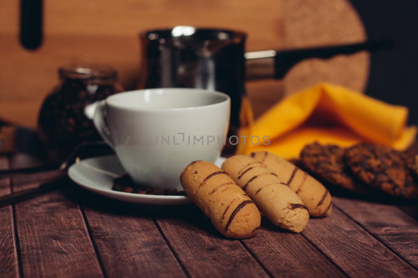 crispy biscuits a cup of coffee breakfast eating sweets. High quality photo