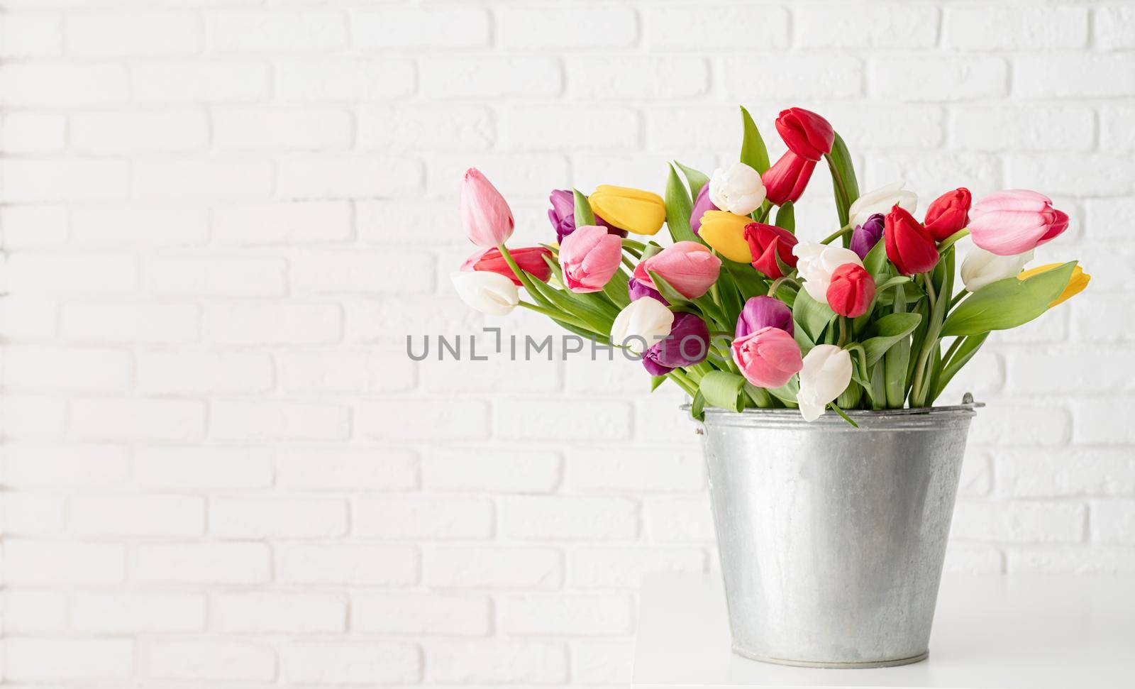 Bucket of fresh tulip flowers over white brick wall background