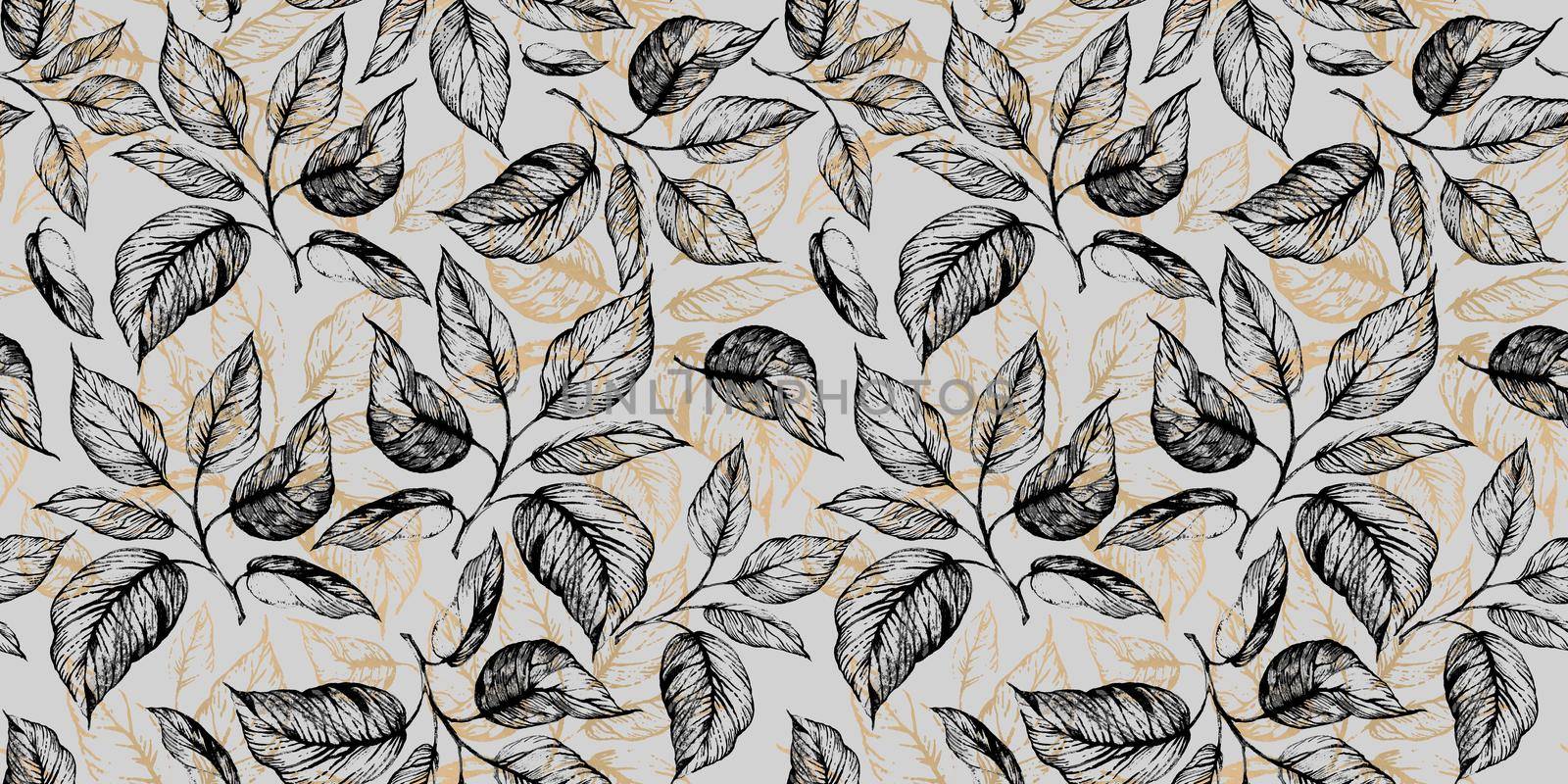 Floral seamless pattern with leaves in grayscale and golden foiled contour on grey. Hand drawing. Background for title, blog, decoration. Design for wallpapers, textiles, fabrics, wrappings.