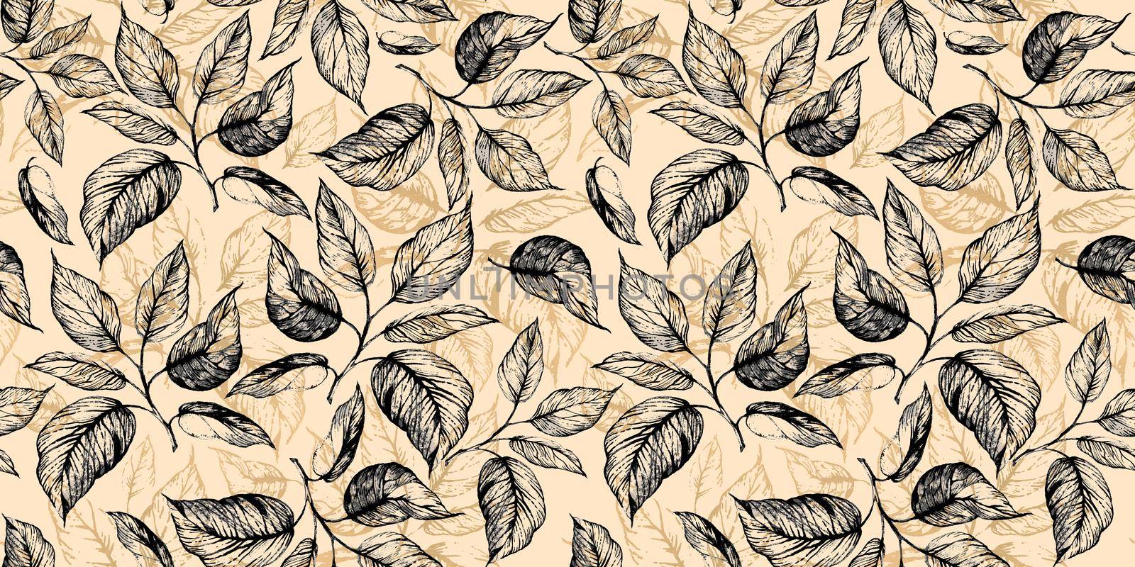 Floral seamless pattern with leaves in grayscale and golden foiled contour on beige. Hand drawing. Background for title, blog, decoration. Design for wallpapers, textiles, fabrics, wrappings.