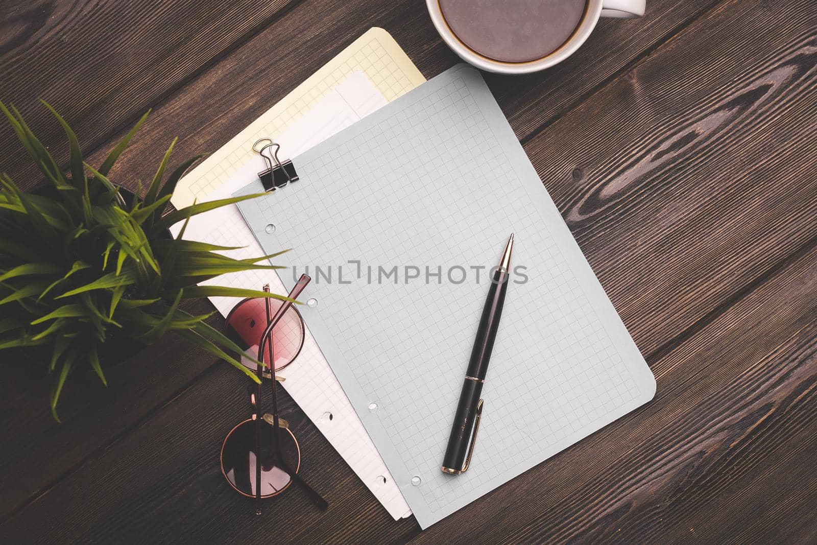 notebook and pen on a wooden table coffee cup flower in a pot top view. High quality photo