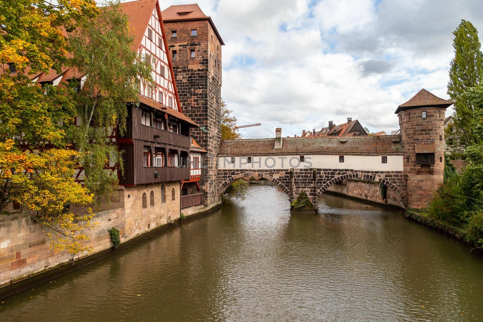 Pegnitz river in Nuremberg,  Bavaria, Germany  in autunm with multicolored trees