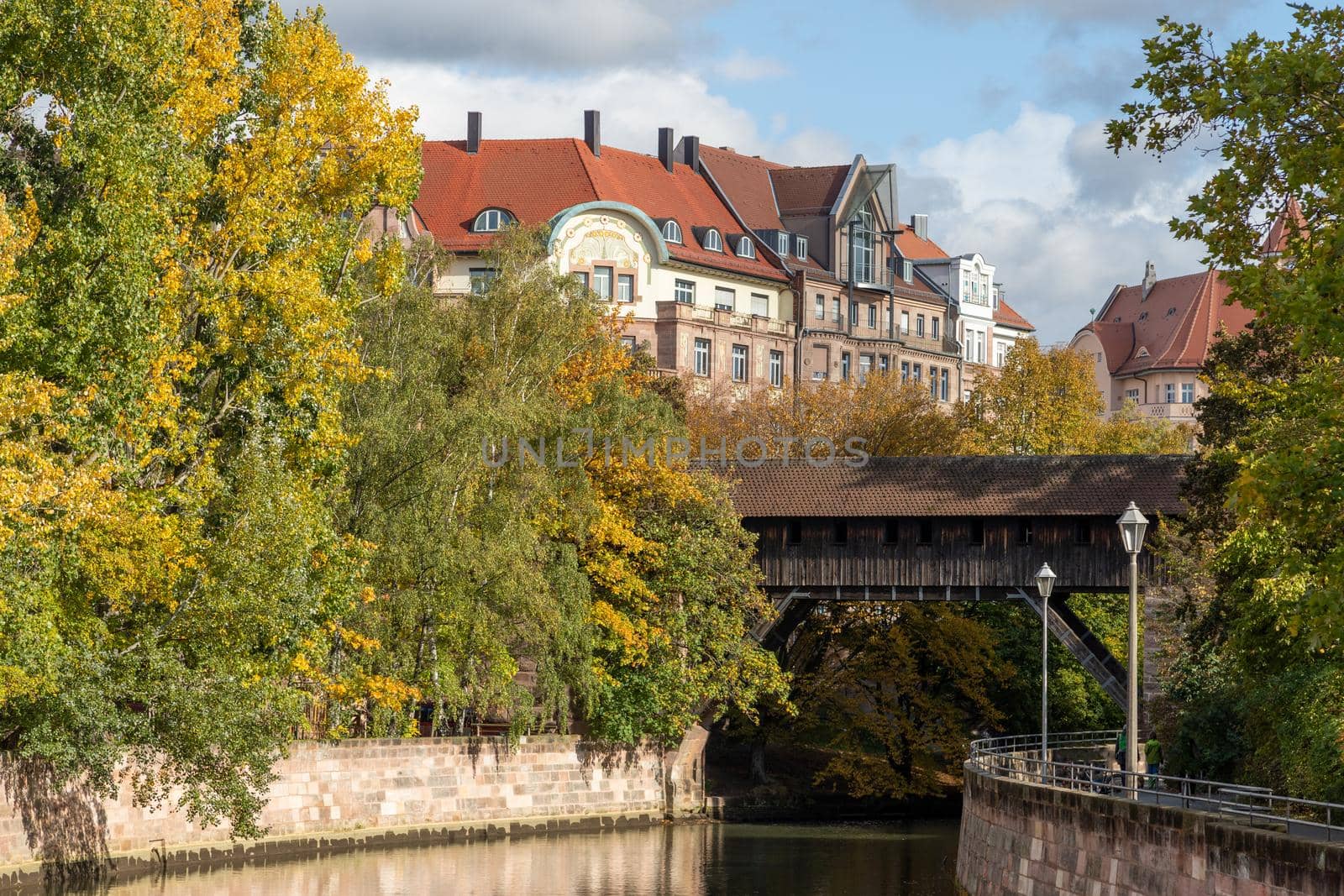 Pegnitz river in Nuremberg,  Bavaria, Germany  in autunm with multicolored trees