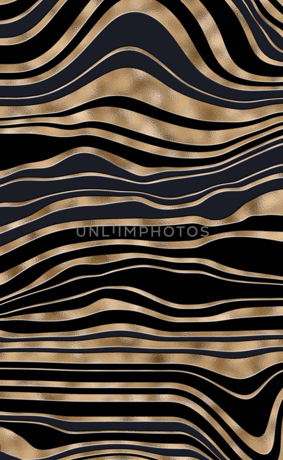 Zebra animal skin stripes, wavy with colourful black gold beautiful pattern. Safari, wildlife zoo natural background. African animal design. Vertical Illustration