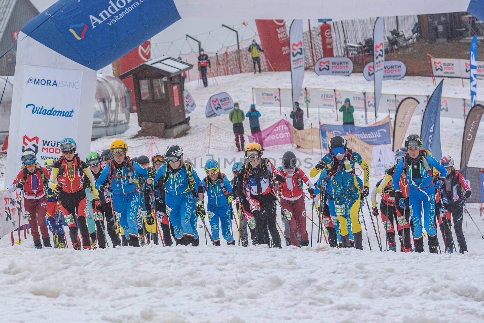 Arinsal, Andorra: 2021 March 6: Start of the race in ISMF WC Comapedrosa 2021 Andorra. Individual Race Woman
