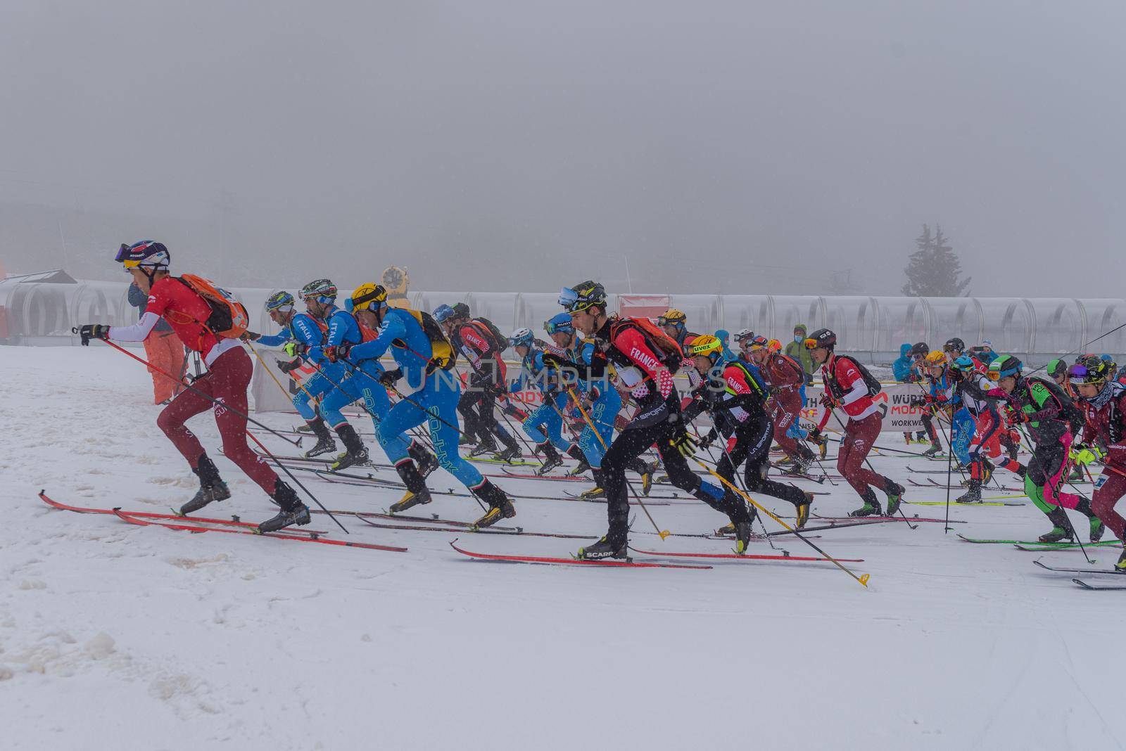 Arinsal, Andorra: 2021 March 6: Start of the race in ISMF WC Comapedrosa 2021 Andorra. Individual Race