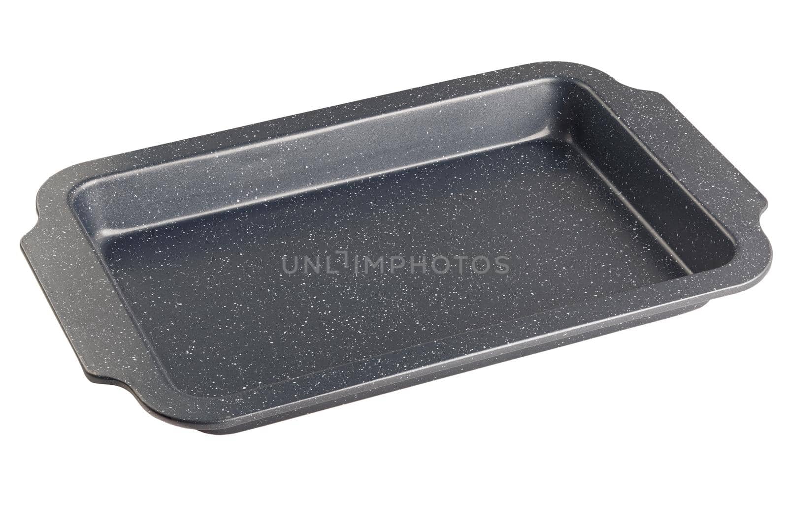 cheap thin oven-tray isolated on white background, new and empty