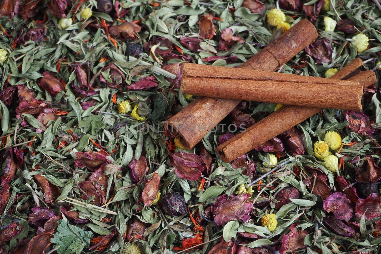 Cinnamon sticks on the background of dried herbs and flowers by Olga26