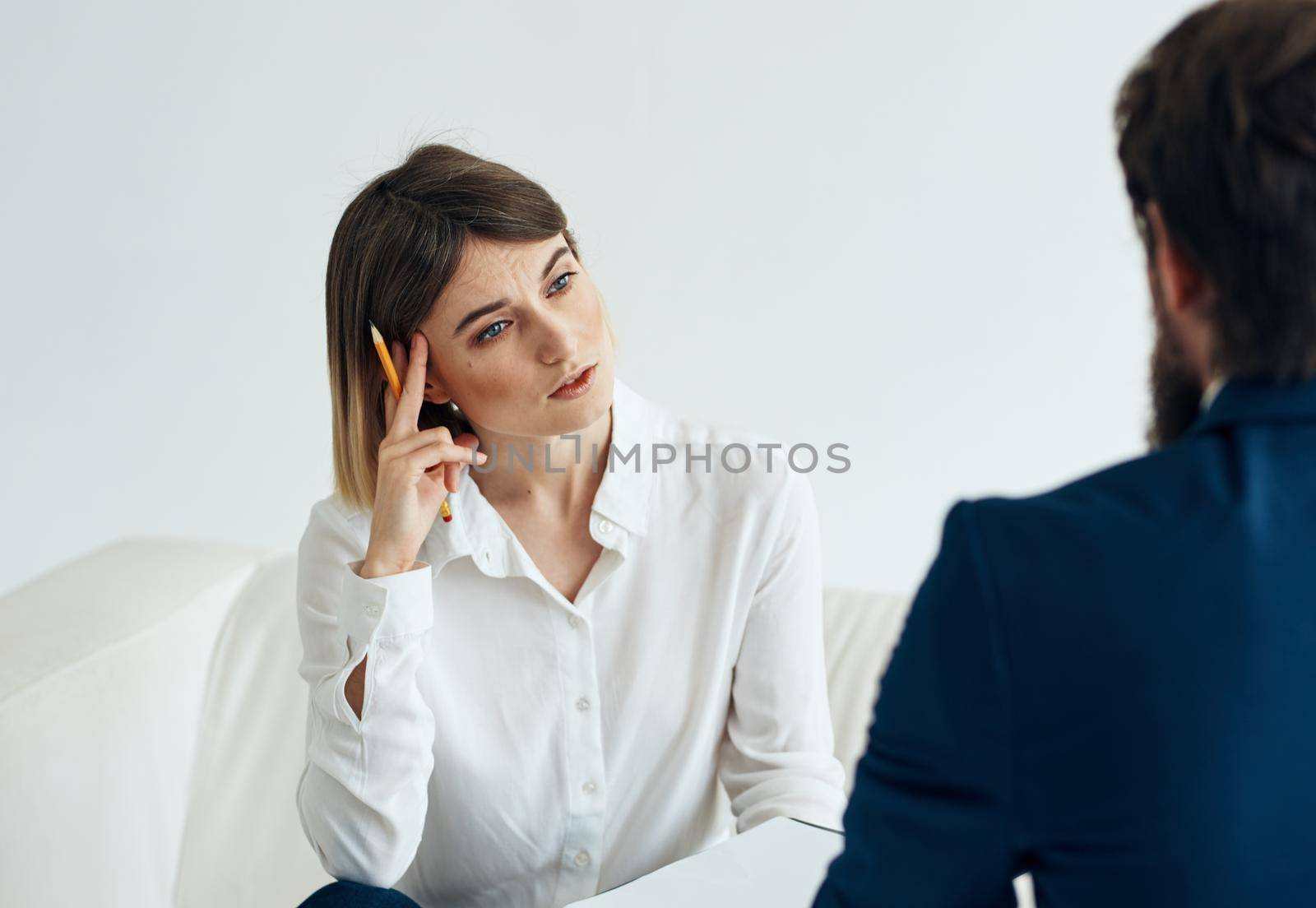 job resume woman and man suit documents communication people. High quality photo