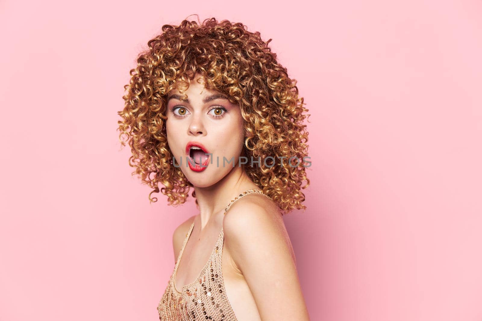 Attractive girl Model curly hair emotions wide open mouth by SHOTPRIME