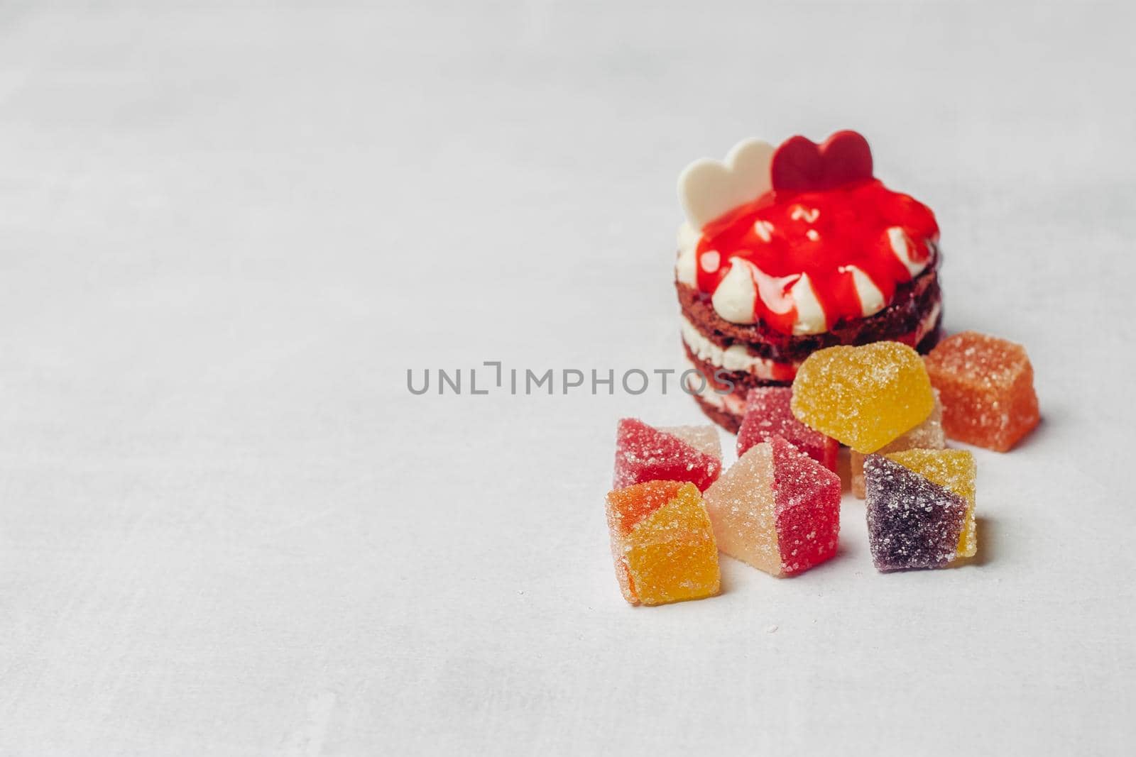 red round cake marmalade sweets on a plate for tea dessert. High quality photo